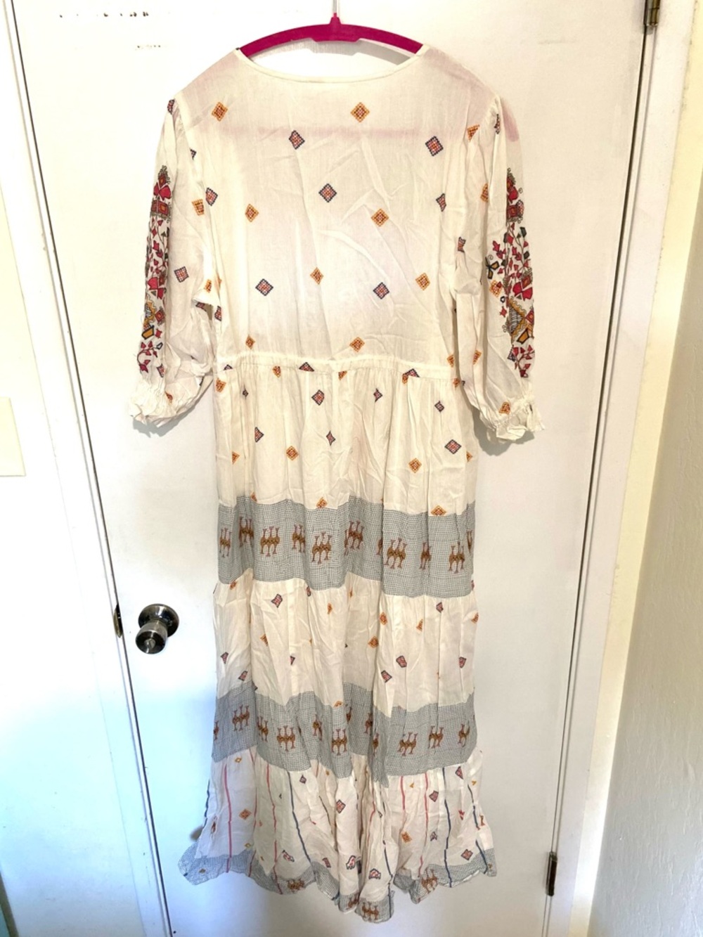 Embroidered Cream Maxi Dress with V-Neck Tassel Tie - Picture 7 of 9